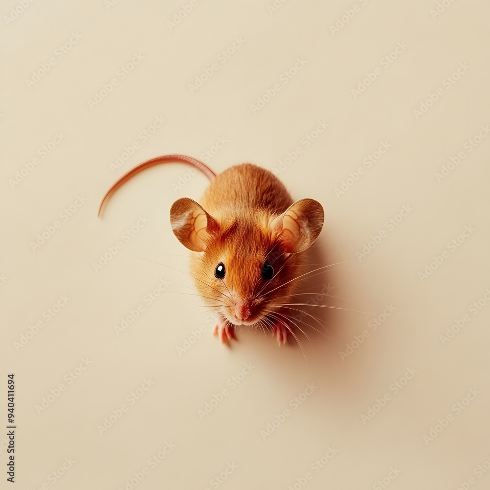 Poster minimalist close up photograph of a small red mouse lying flat in the center of a light colored surf