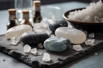 A Spa Stone Beauty Treatment with Essential Oils and sea salts. generative ai.