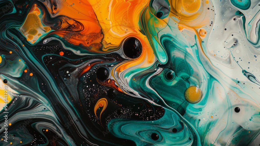 Poster vibrant liquid abstract background with flowing swirls of colorful paint, dynamic fluid art with mar