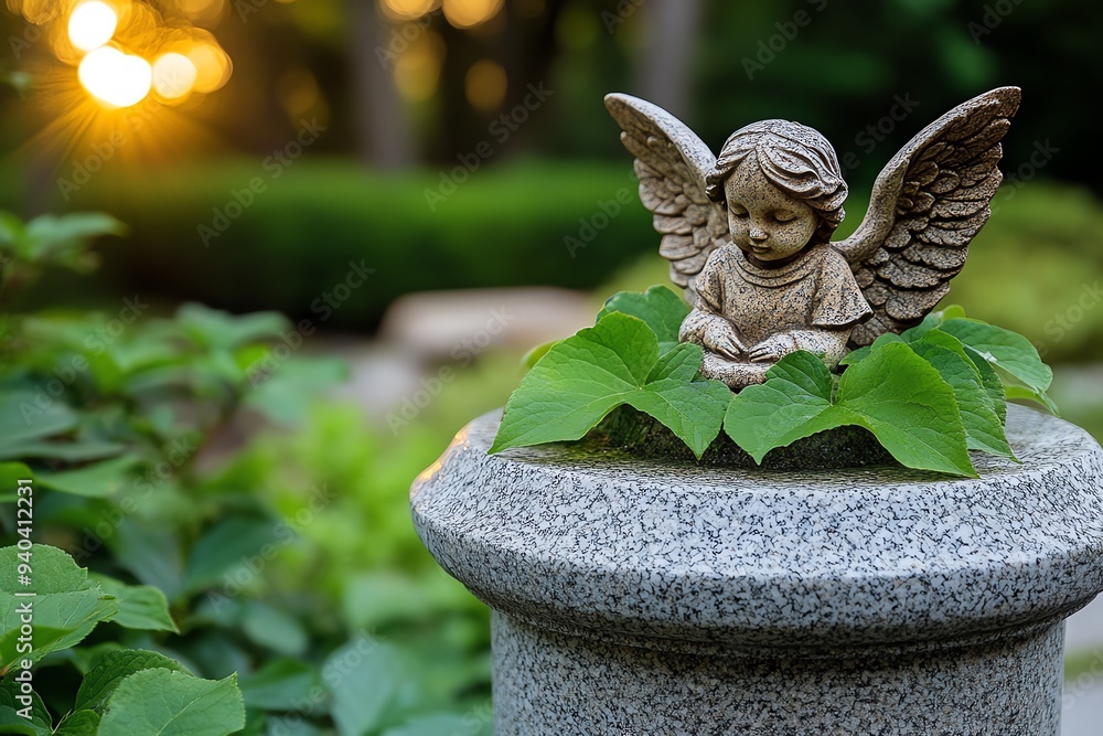 Poster a tombstone with a small angel sculpture on top, standing in a quiet, secluded graveyard, with soft 