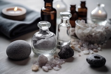A Spa Stone Beauty Treatment with Essential Oils and sea salts. generative ai.