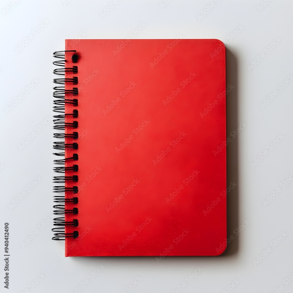 Poster a striking flat lay image of a vibrant red notebook resting centered on a crisp clean white backgrou