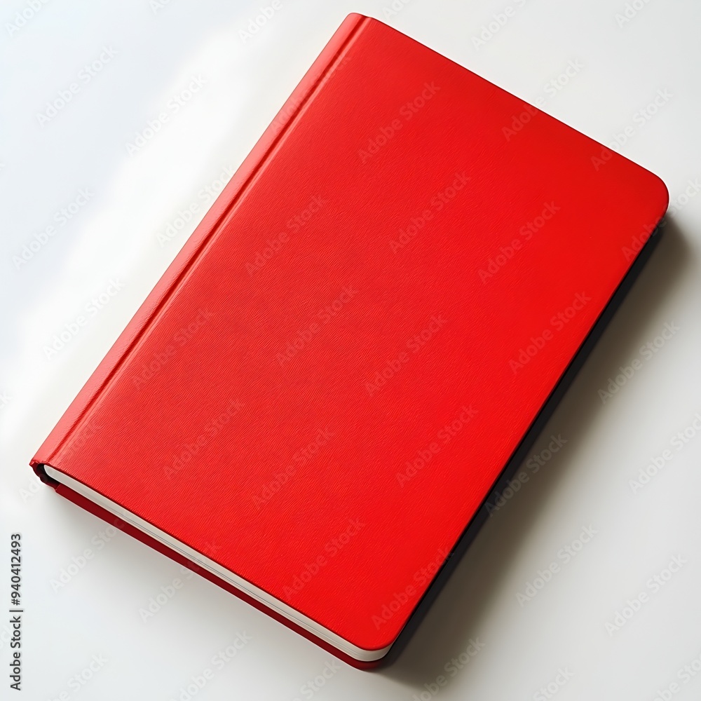 Poster closeup of a red notebook lying flat and isolated on a clean white surface background minimal elegan