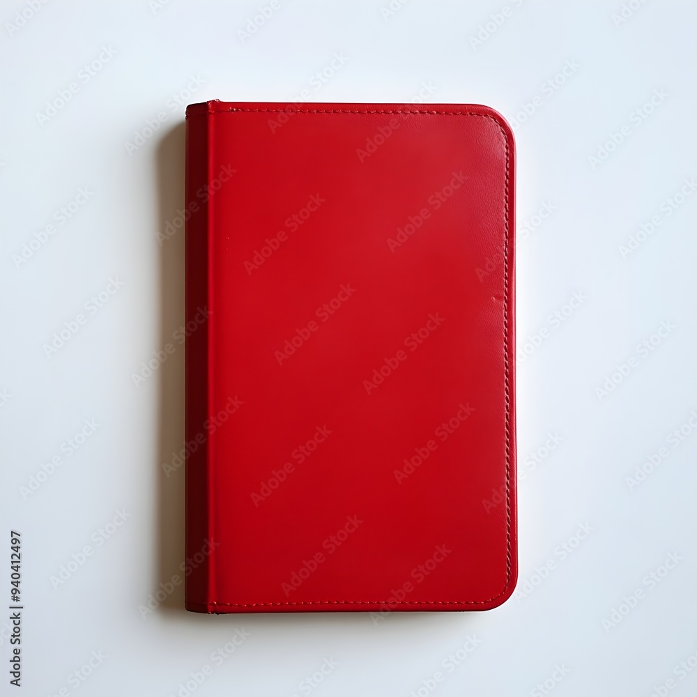 Poster a flat red notebook positioned centrally on a plain white surface showcasing a minimalist and elegan