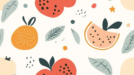 Fruity Fun Seamless Pattern: A vibrant and playful seamless pattern featuring cheerful stylized fruits, leaves, and dots in a cheerful color palette. 