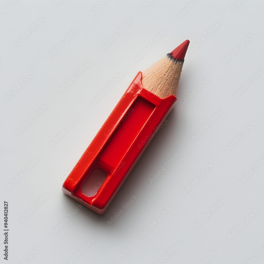 Poster closeup of a red pencil sharpener lying flat and centered on a light colored surface the sharpener i