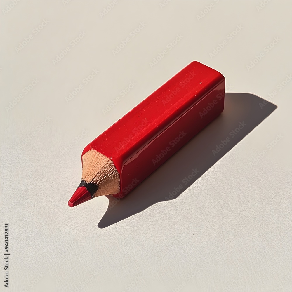 Poster vibrant red pencil sharpener lying flat at the center of a light surface creating a minimalist and g