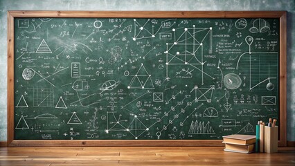 Fototapeta premium Blackboard with scientific formulas and equations in physics and mathematics, Science, education, math, background