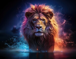 AI Generated Image; Lion standing in water, black background, surrounded by colors. 
