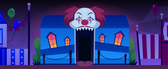 Vector illustration of a horror house entrance decorated as a scary clown mouth.