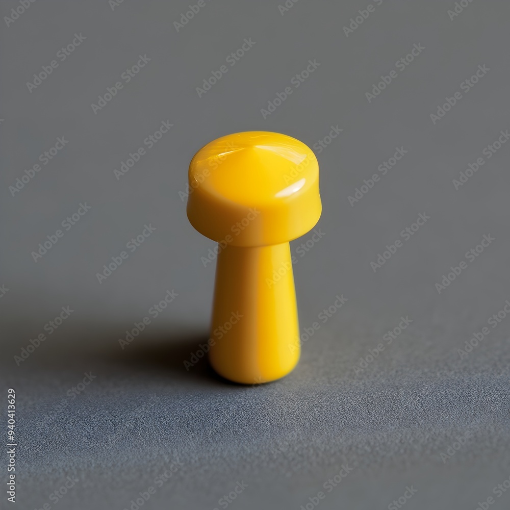 Poster close up of a single yellow push pin placed centrally on a plain horizontal surface representing off