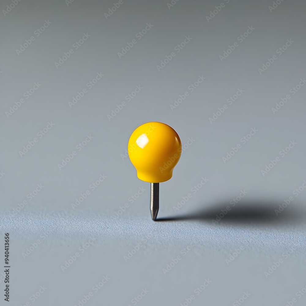 Poster close up of a bright yellow push pin or thumb tack placed at the center of a plain white or light co