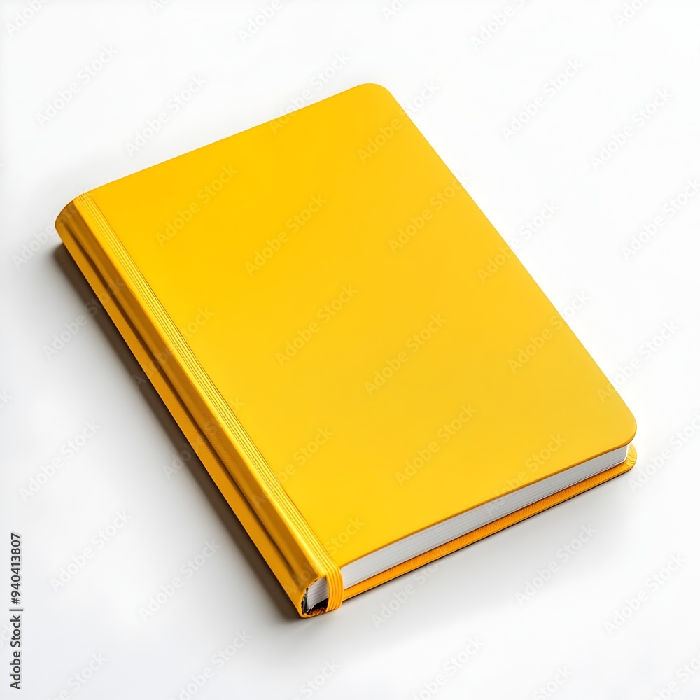 Poster a yellow notebook placed at the center of a white background showcasing a clean and minimalist desig