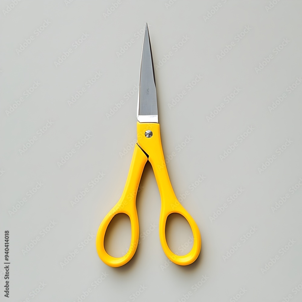 Poster bright yellow pair of scissors positioned centrally on a plain neutral background creating a minimal
