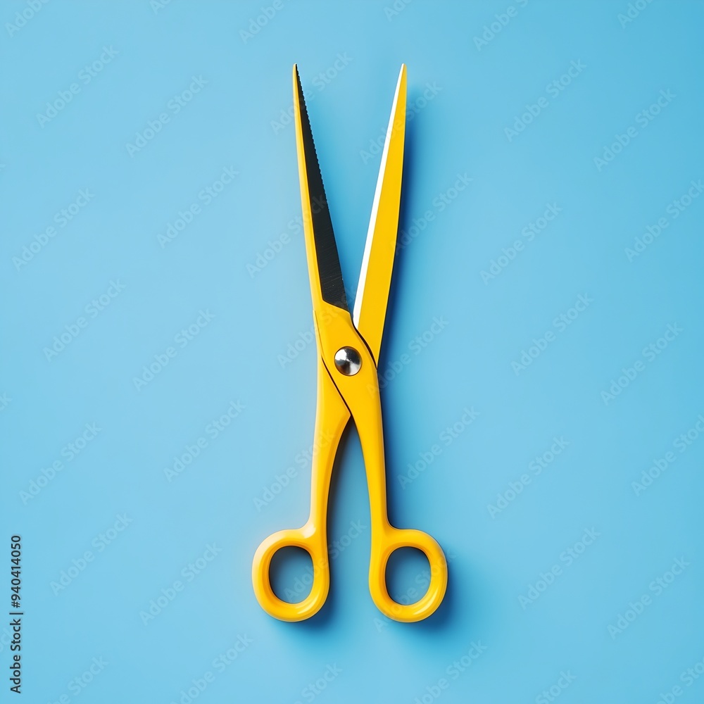Poster a pair of yellow colored metal scissors with sharp blades and a sturdy grip placed at the center of 