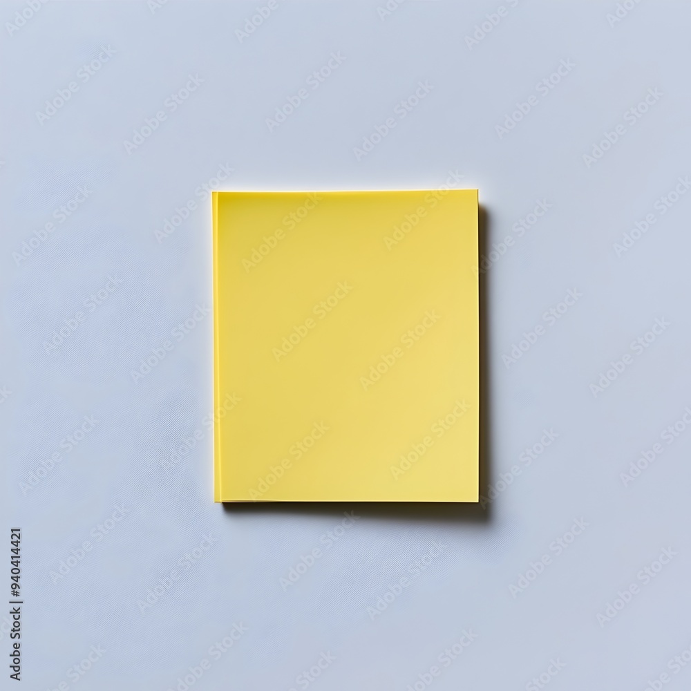 Poster closeup overhead view of a yellow sticky note pad placed at the center of a plain white surface the 