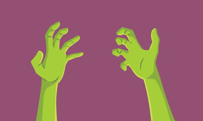 Vector Green Zombie Hands in Creepy Halloween Design. Isolated monster claws getting out of a grave on Halloween 
