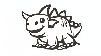 A playful black-and-white cartoon illustration of a happy dinosaur with spikes on its back, featuring a simple and adorable design perfect for children's artwork or educational materials.