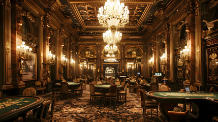An ornate casino interior featuring vintage decor, crystal chandeliers, and richly detailed architecture, creating an atmosphere of timeless elegance and sophistication.