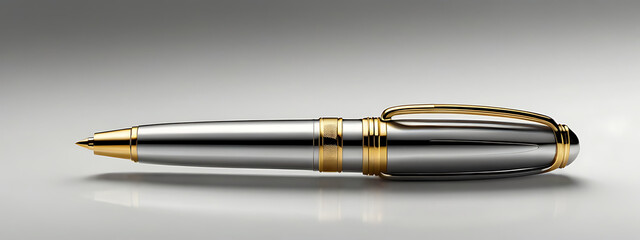 Naklejka premium Mock-Up of a Luxury Pen with a Metallic Finish and Sleek Design on a Plain White Background, Featuring Generous Copy Space for Branding