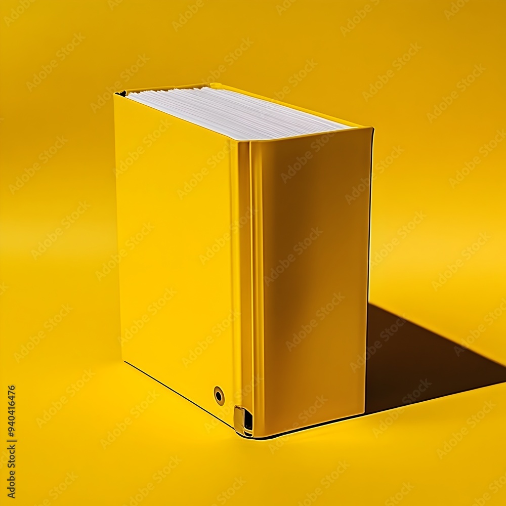 Poster minimalist overhead shot of a yellow binder lying flat on a plain uncluttered surface simple clean c