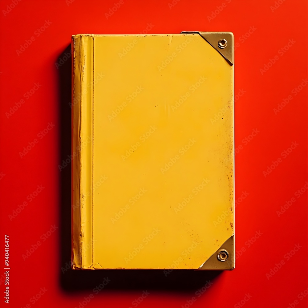 Poster a vibrant yellow binder or folder lying flat and centered on a plain neutral background surface the 