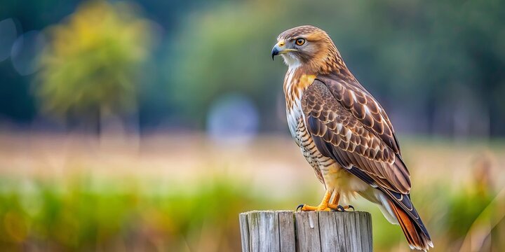 Red tailed hawk perched on fence pole with blurred background and copy space, hawk, bird, red tailed, perched