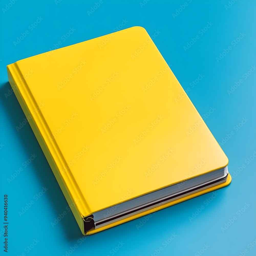 Poster closeup view of a yellow office binder lying flat at the center of a simple plain surface background