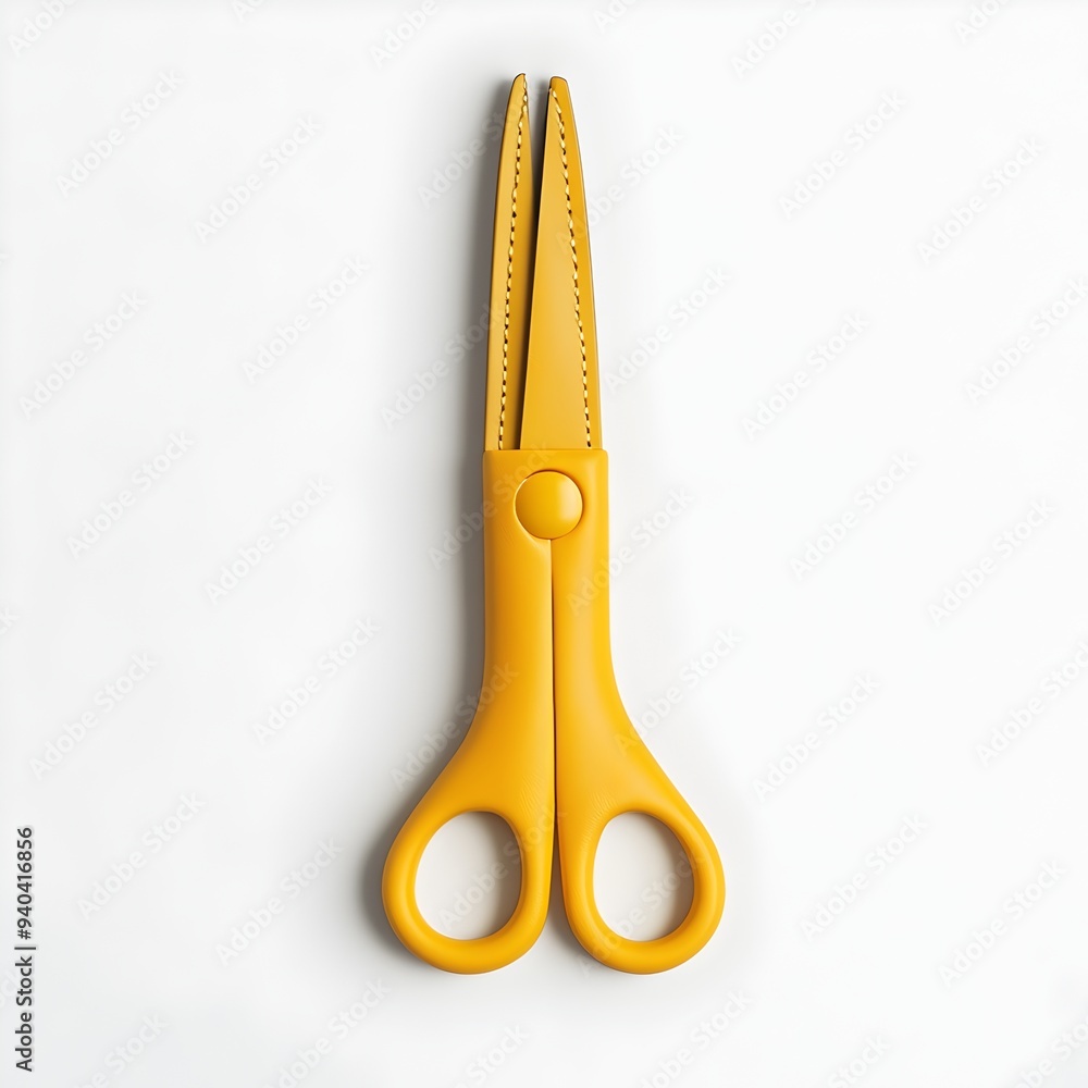 Poster a simple and minimalist photograph of a yellow scissors case centered and isolated on a plain white 