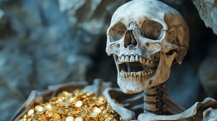 Skeleton Holding a Pile of Gold Coins