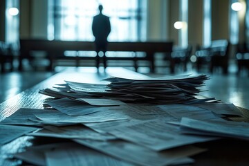 A courtroom bench with a pile of debt documents and a lone figure standing before it, awaiting judgment, Debt judgment, financial resolution