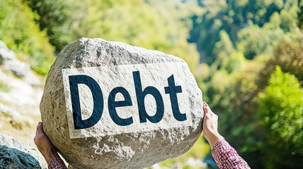 A person desperately pushing a boulder labeled "Debt" up a steep hill, Sisyphean debt, financial struggle