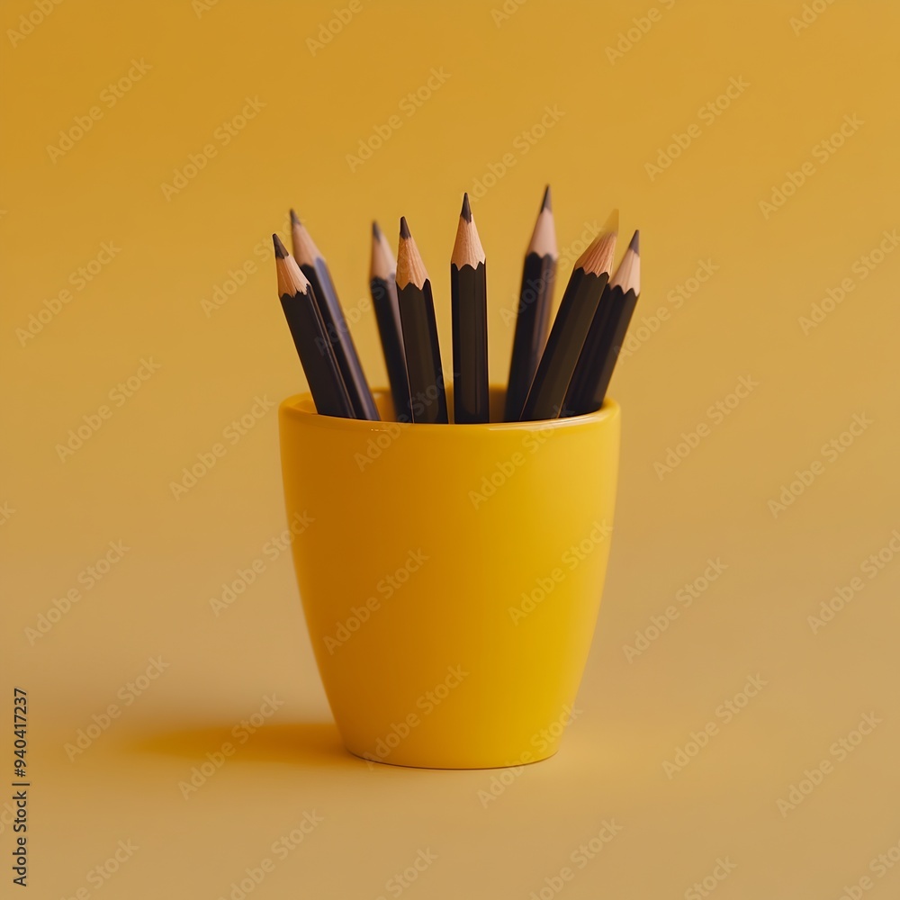 Poster bright yellow pencil cup centrally placed on a plain and simple surface creating a minimalist and cl