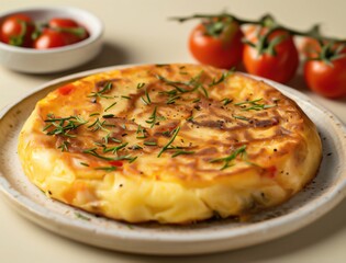 Traditional Spanish Tortilla Espanola garnished with herbs in rustic setting