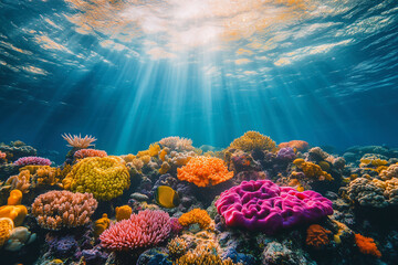 Naklejka premium Underwater view of a coral reef in a calm ocean