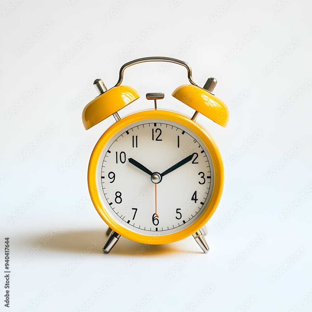 Poster minimal and modern yellow desk clock centered on a plain white surface with focus on the simple and 
