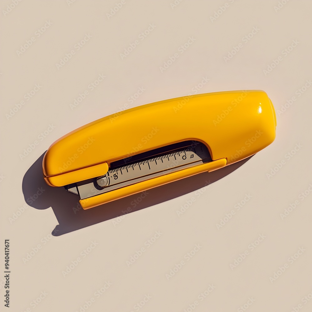 Poster close up photograph of a single yellow office stapler lying flat at the center of a plain light colo