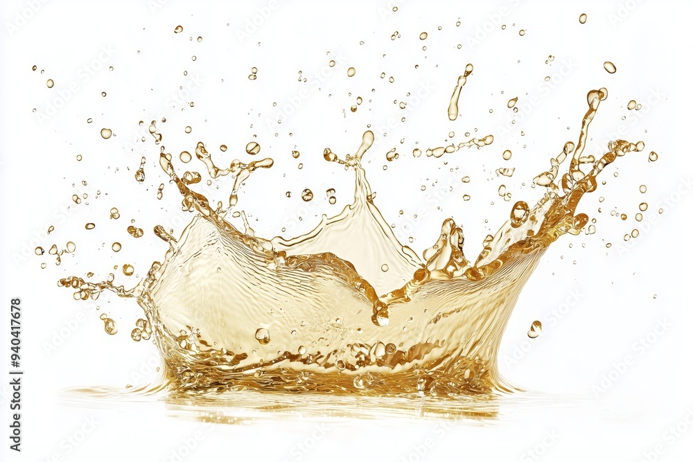 Poster golden liquid splash captured on a white background, showcasing dynamic motion and vibrant texture i