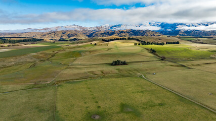 Drone  scenery of the agricultural farmland in rural Saint Bathans loop road in central Otago