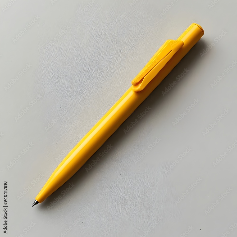 Poster striking image of a solitary yellow pen lying flat at the center of a plain neutral colored surface 