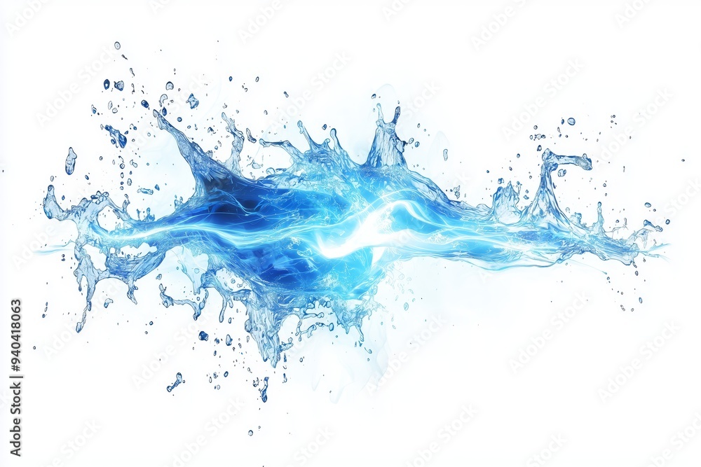 Poster dynamic splash of blue water creating a powerful abstract wave on a white background, symbolizing en