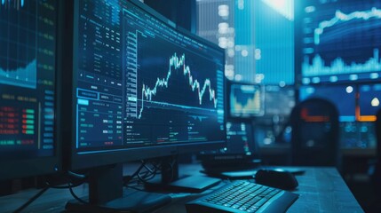 Digital trading interface with live cryptocurrency and stock market data displayed on high-tech computer screen, featuring real-time graphs, market indicators, and analytical tools for financial analy
