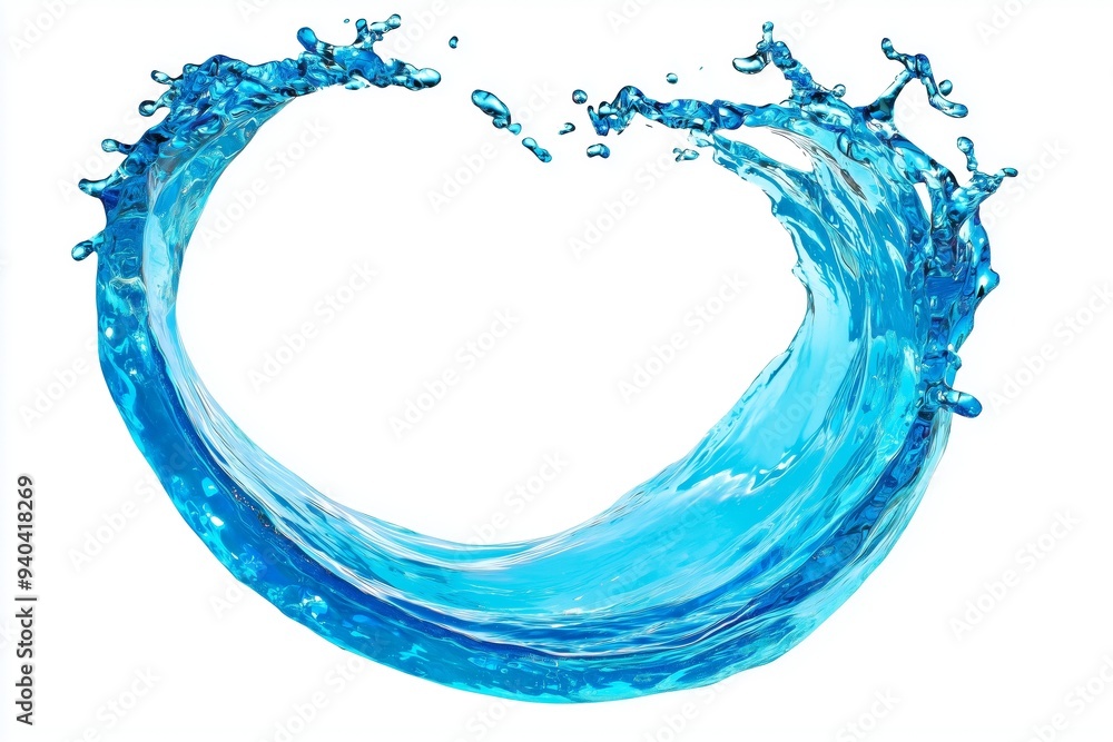 Poster vibrant splash of blue water creating a dynamic circular wave shape on a white background, symbolizi