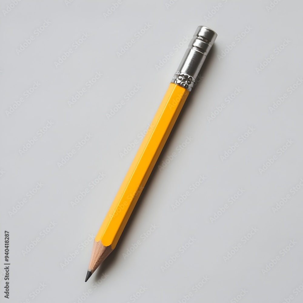 Poster vibrant yellow pencil placed at the center of a plain minimalist surface creating a simple creative 