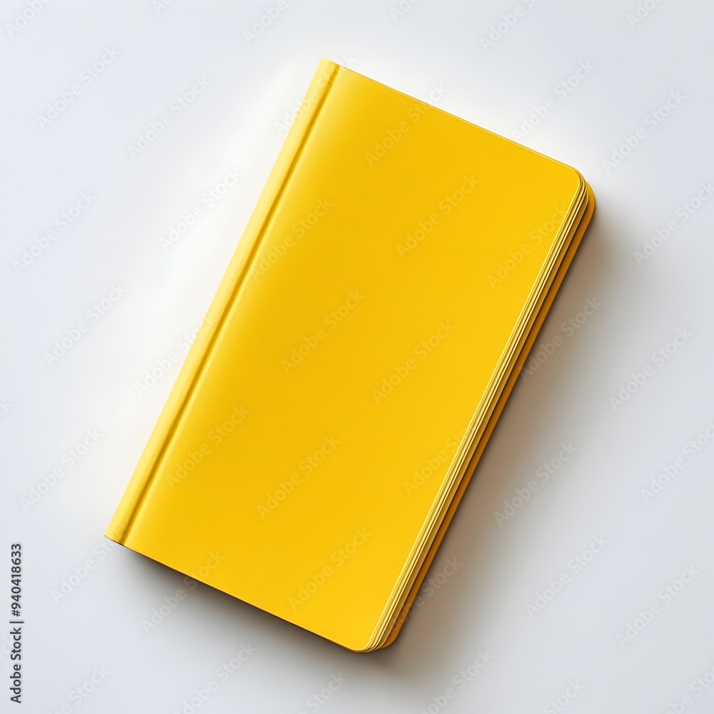Poster minimalist and stylish yellow notebook lying flat on a plain white surface isolated and showcased in