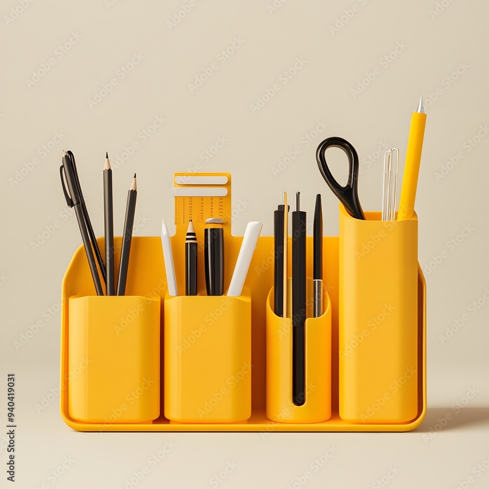 Poster a sleek and contemporary yellow desk organizer placed at the center of a plain uncluttered backgroun