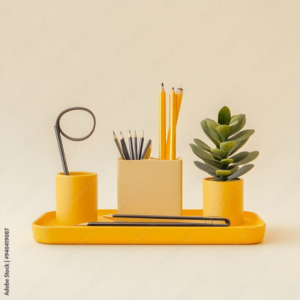 Poster a simple and modern yellow desk organizer placed centrally on a plain background showcasing its mini