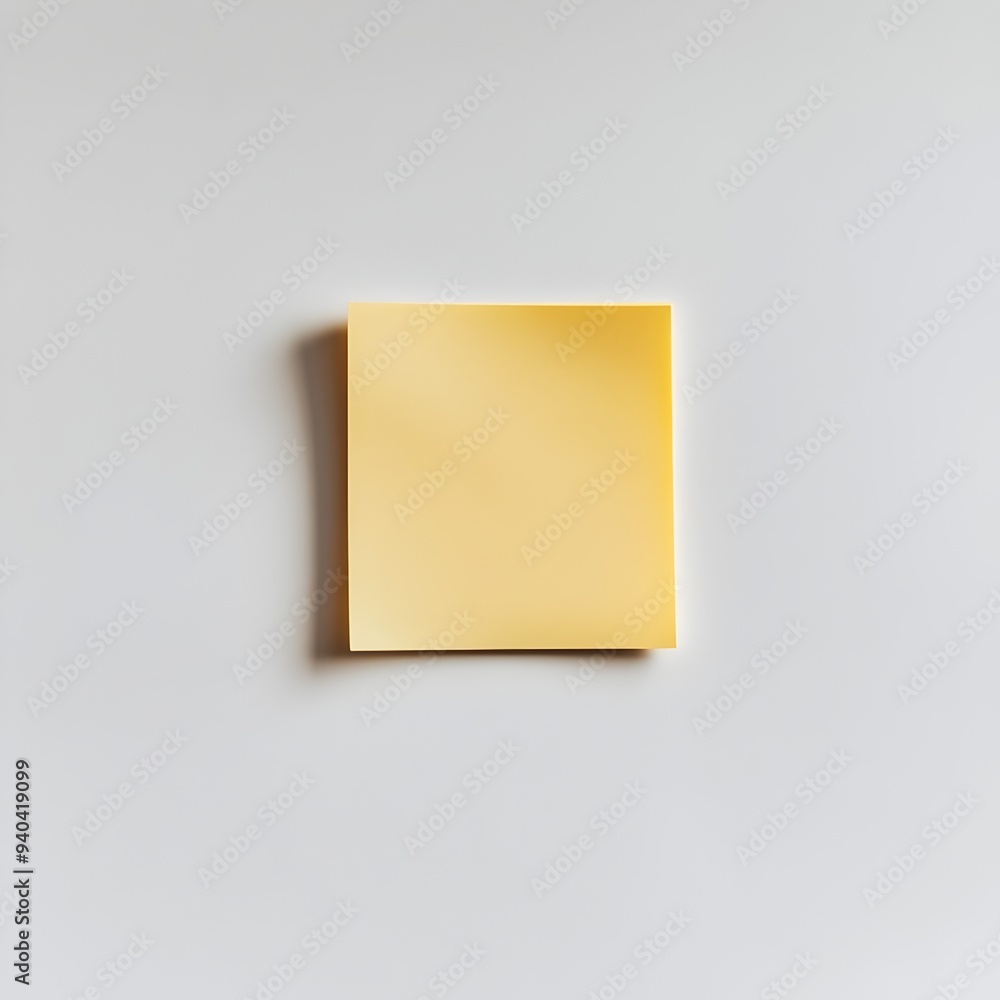 Poster closeup of a yellow sticky note pad placed at the center of a clean white background with a minimali