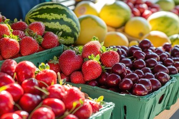Fresh Strawberries, Cherries, and Watermelon at a Farmers Market