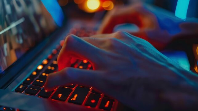Close-up of hands typing on laptop keyboard, engaging in facebook chat and meeting website, blogger or journalist writing new article, focus on digital communication and content creation